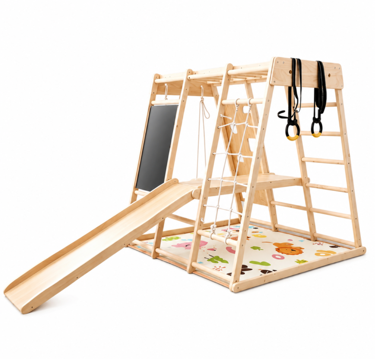 kids indoor wooden climbing frame with slide chalkboard gym rings and play mat