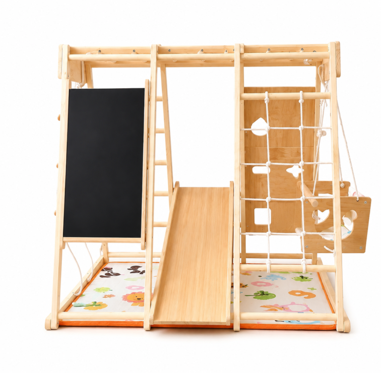 wooden climbing triangle with slide chalkboard and swing seat