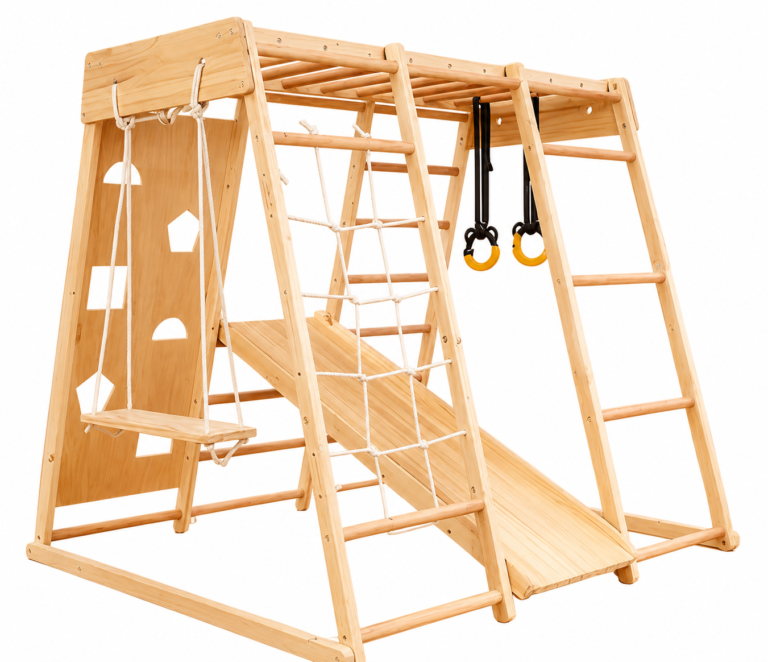 complete indoor jungle gym with slide climbing net and gym rings