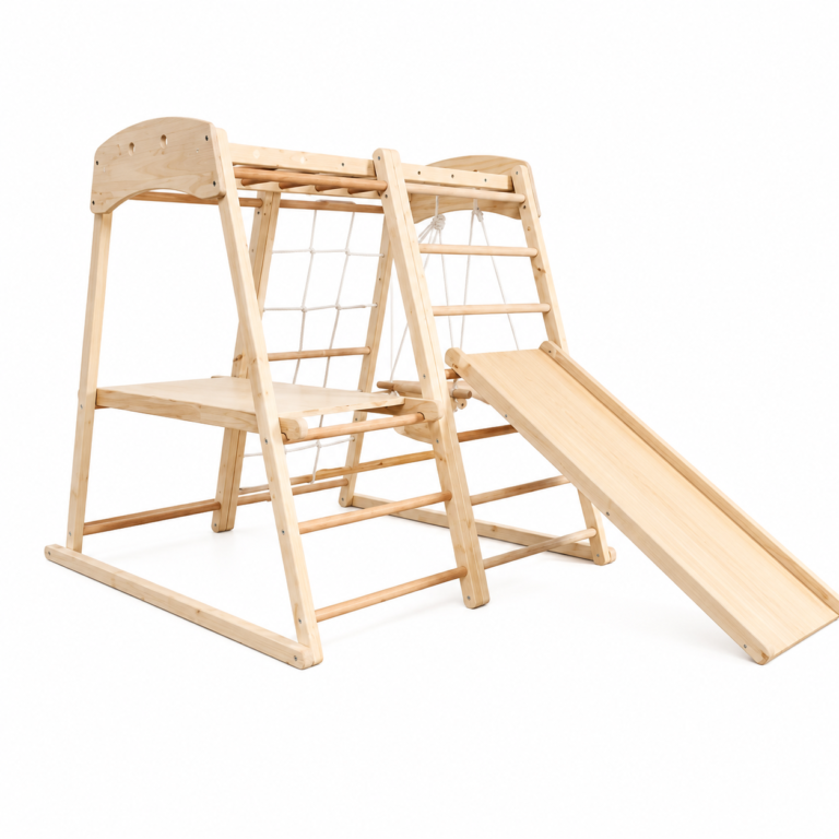 compact wooden climbing frame with slide net and gym rings