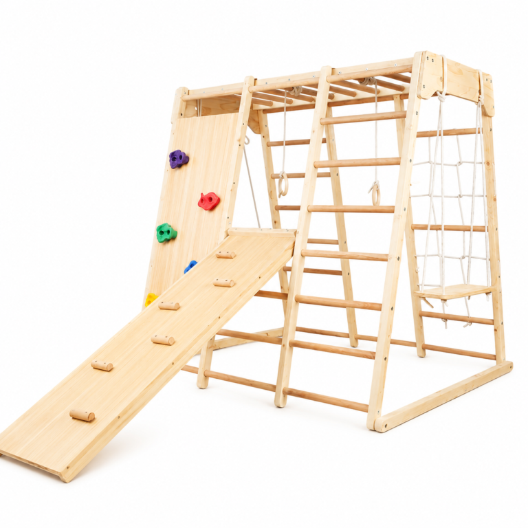 wall mounted kids climbing wall with rib ladder and cargo net