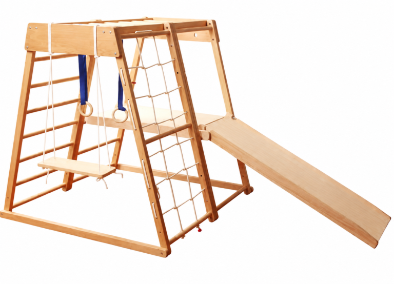 wooden climbing triangle with slide and rope net