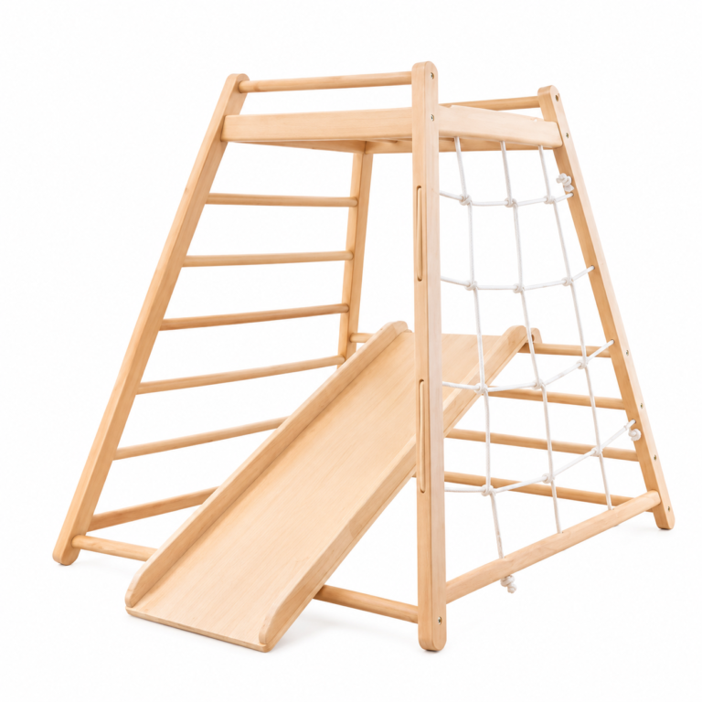 adventure wooden climbing frame with rock wall slide and swing
