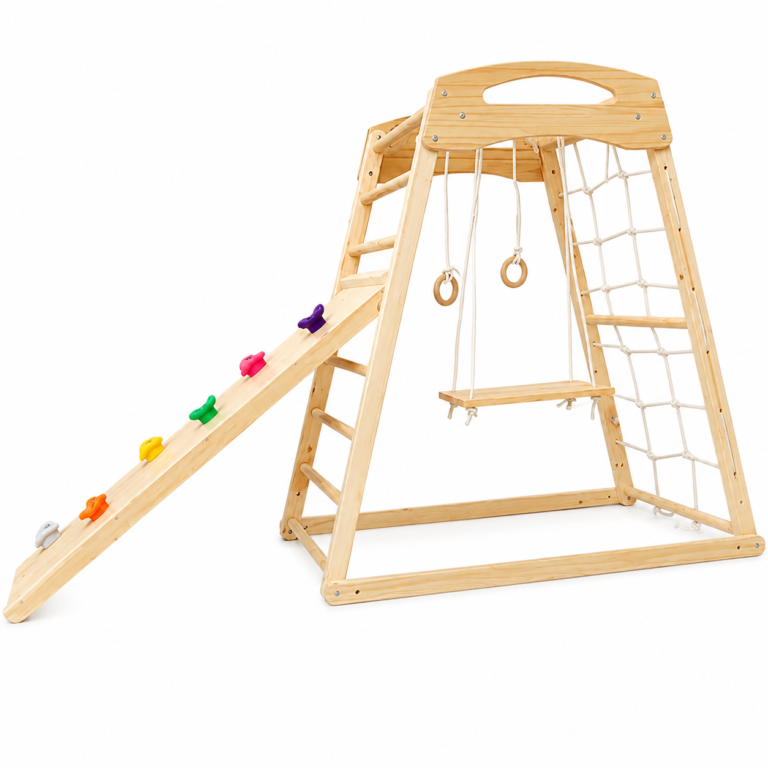 multi activity wooden climbing frame with slide net and swing seat