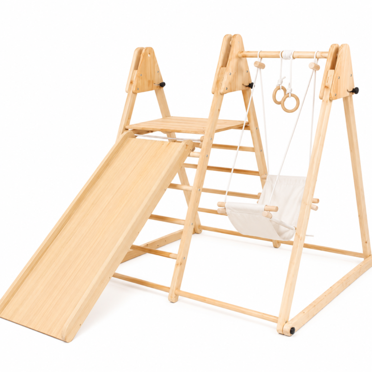mini wooden climbing triangle with slide and gym rings