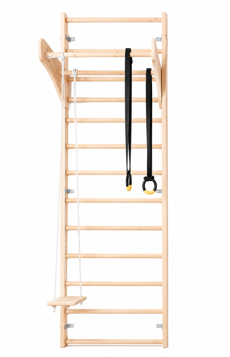 wooden rib ladder with gym rings and trapeze swing