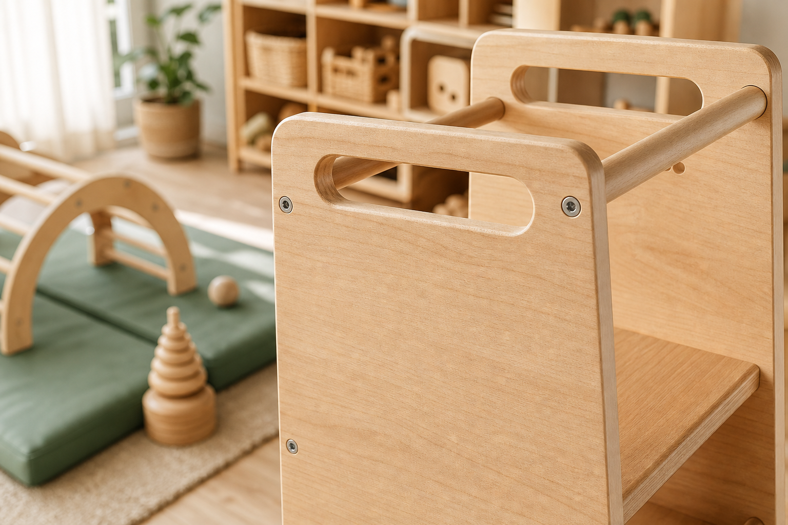 Close up of smooth wooden kids furniture details for a ciciwood play space