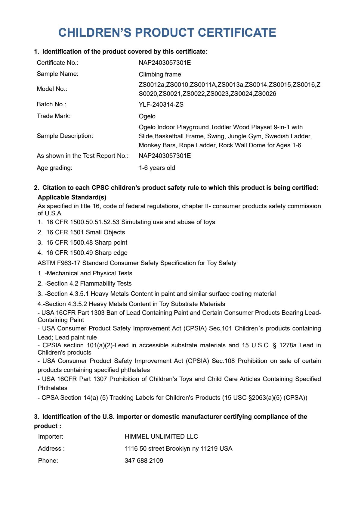 CPC certificate for children climbing frame products