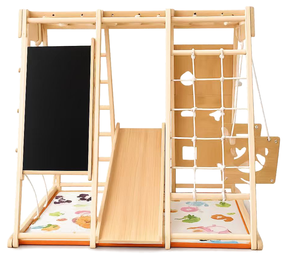 transparent product cutout of wooden indoor climbing frame with slide chalkboard cargo net and play mat