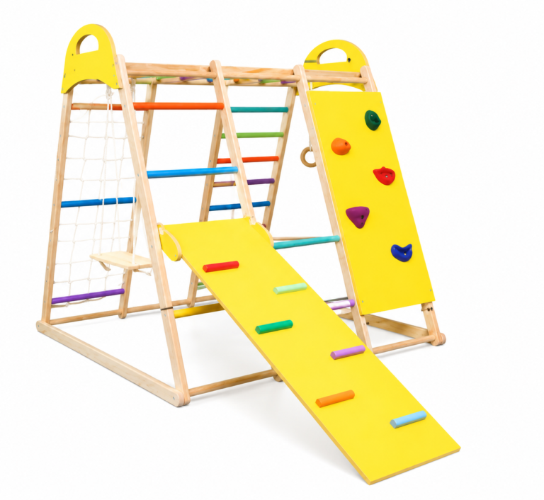 Multifunctional wooden indoor climbing frame with yellow arch ladder rock slide ramp and swing