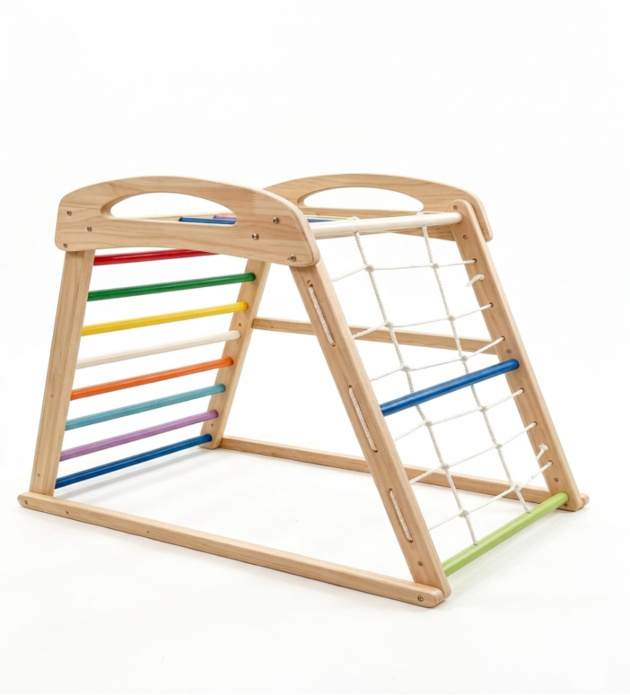 Wooden indoor climbing frame with colorful ladder and rope climbing net