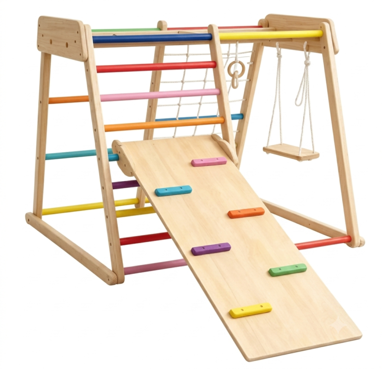 Multifunctional wooden indoor climbing frame with slide ramp and swing