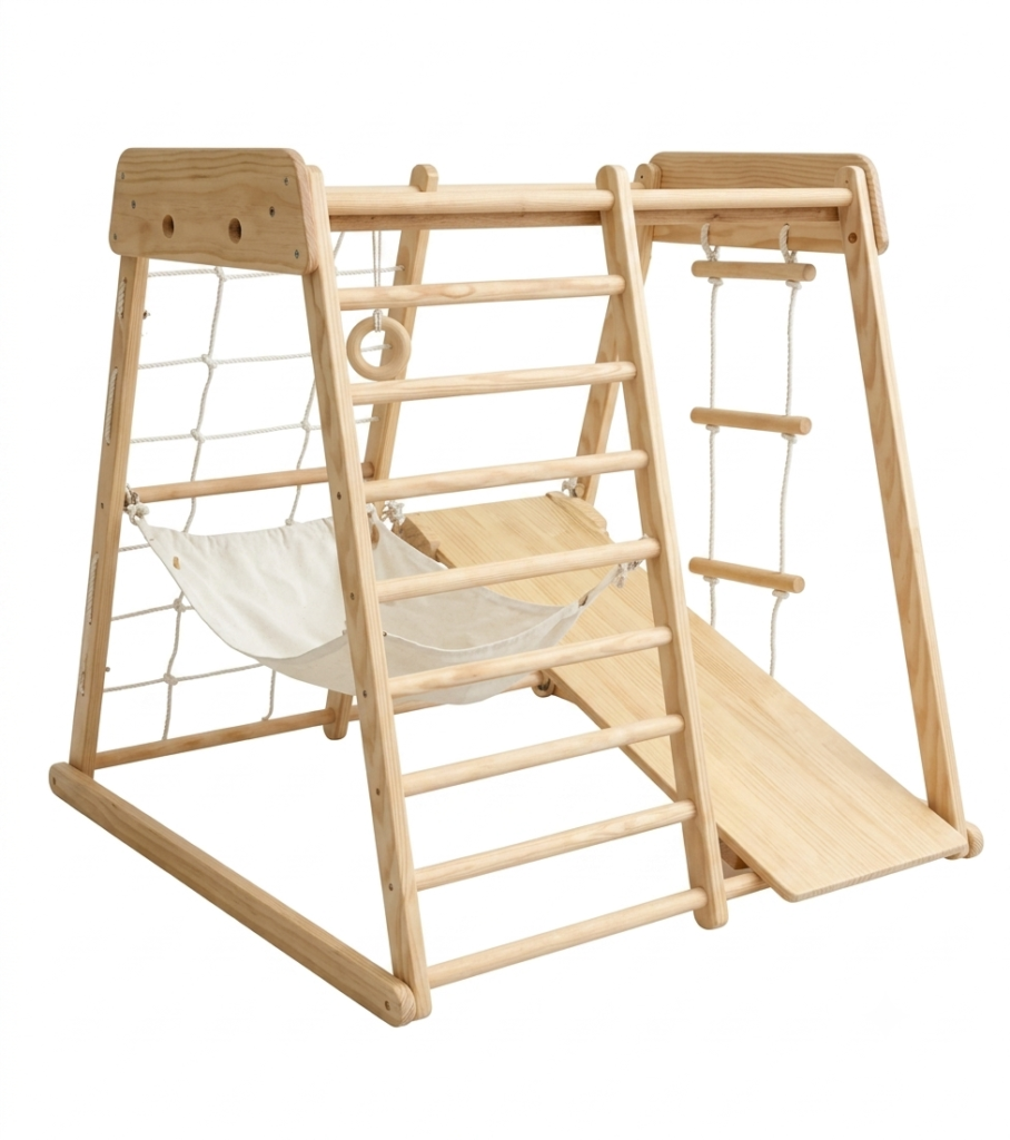 Natural wooden indoor climbing frame with slide ramp hammock and rope ladder