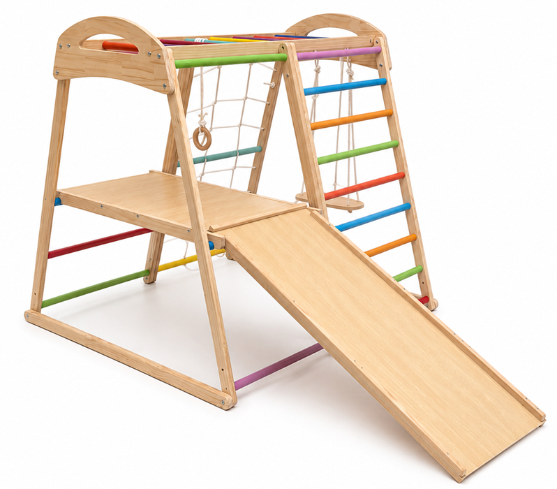 Wooden indoor climbing frame playset with slide and swing for kids