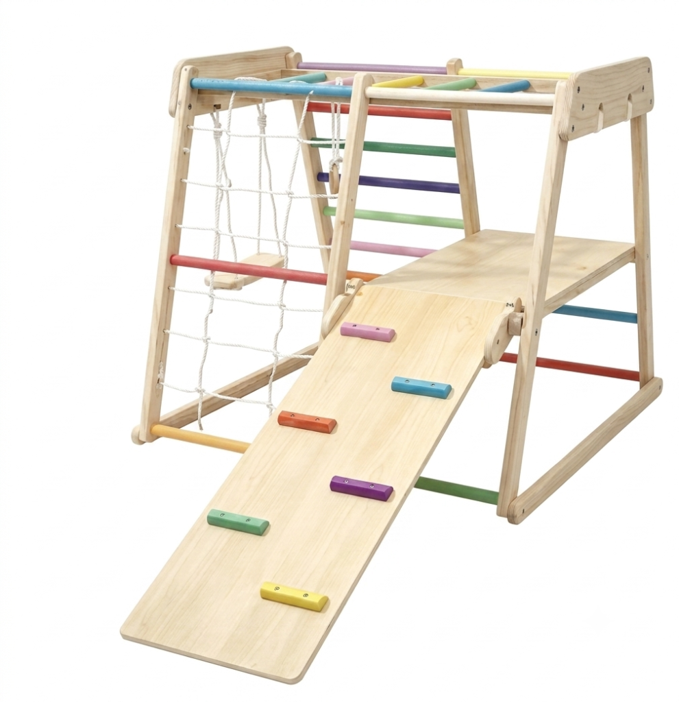 wooden indoor climbing frame with slide climbing ramp and swing