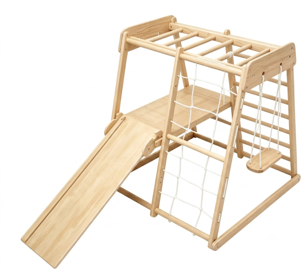 Multifunctional wooden indoor climbing frame with platform deck slide ramp and swing seat