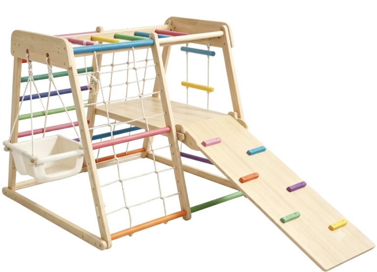 Multifunctional wooden indoor climbing frame with platform slide ramp and swing chair