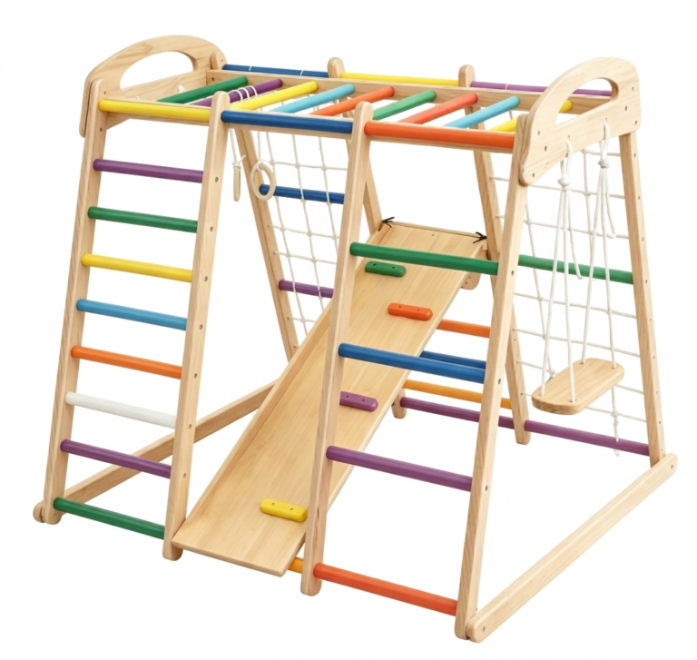 Multifunctional wooden indoor climbing frame with rainbow rungs slide ramp and swing seat
