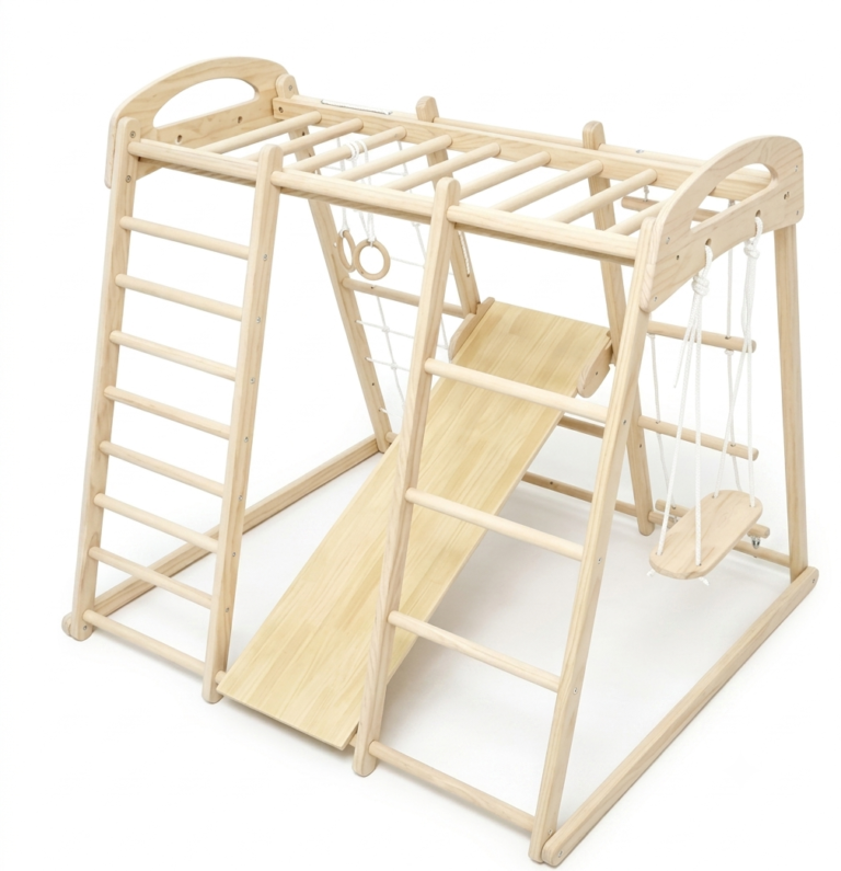 Multifunctional wooden indoor climbing frame with natural slide ramp and swing seat