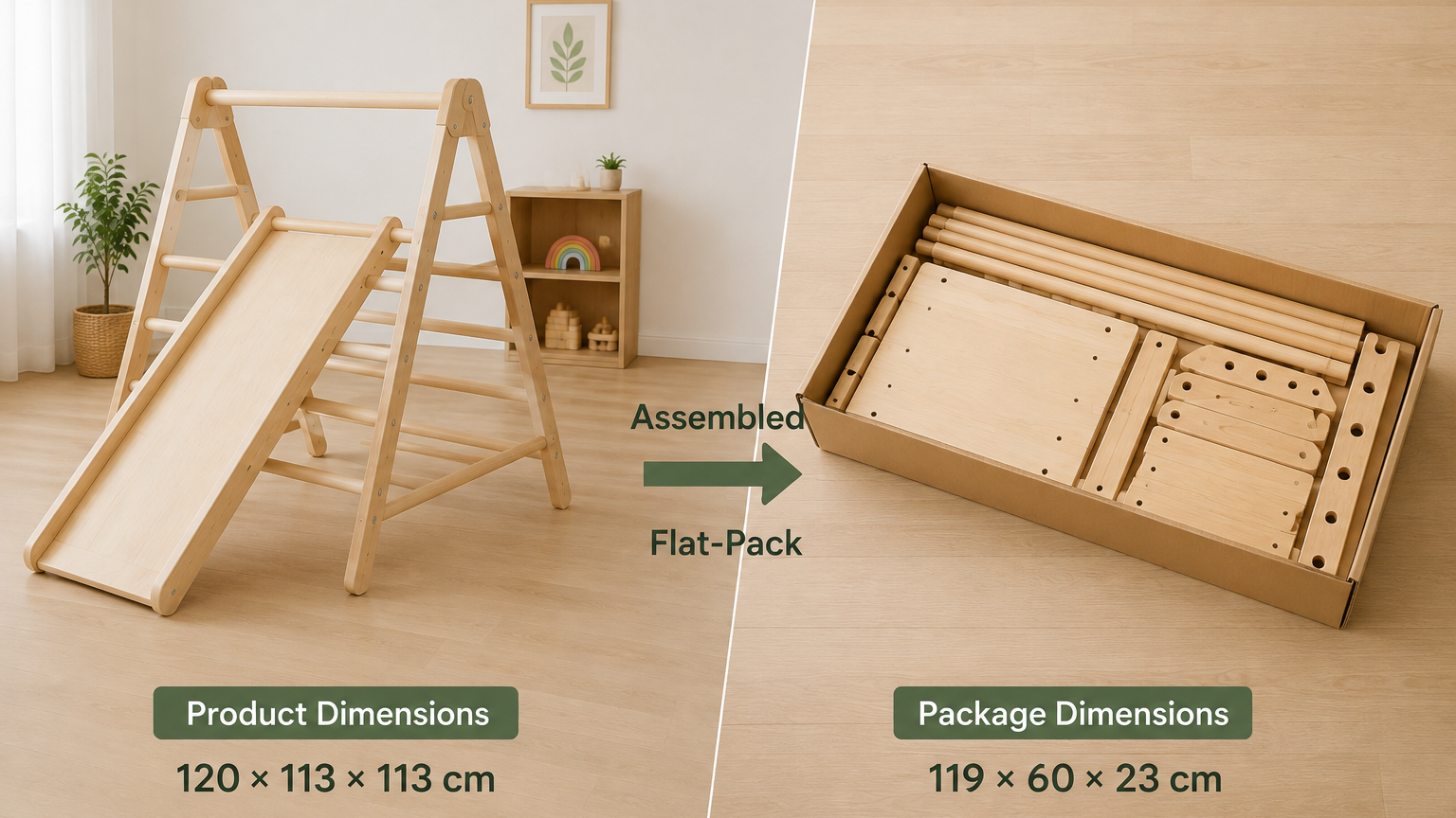 Wooden climbing frame product dimensions vs flat pack package dimensions