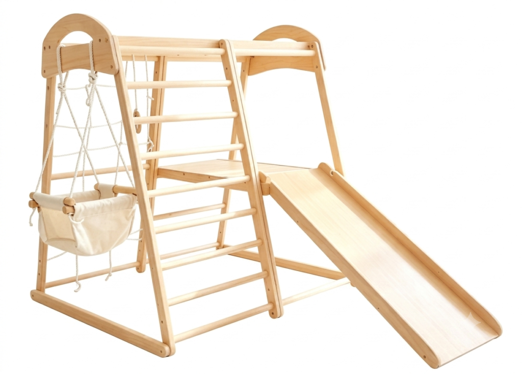 Multifunctional wooden indoor climbing frame with platform deck slide ramp and canvas fabric swing chair