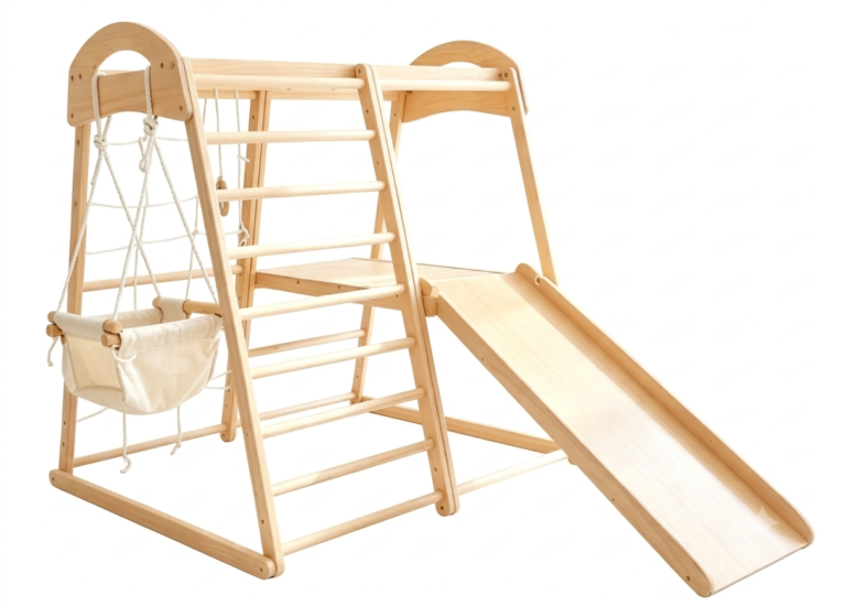 Multifunctional wooden indoor climbing frame with platform deck slide ramp and canvas fabric swing chair