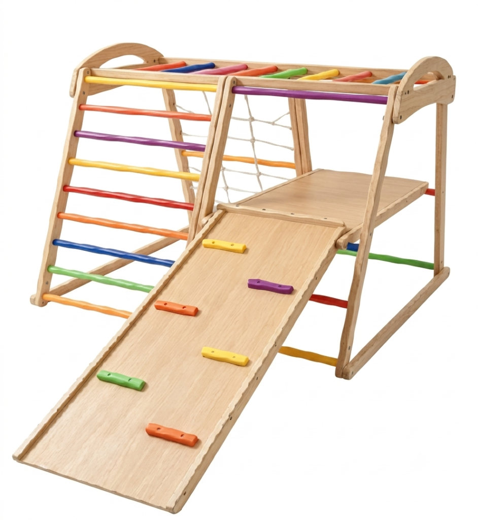 Multifunctional wooden indoor climbing frame with rainbow ladder platform deck and climbing slide ramp