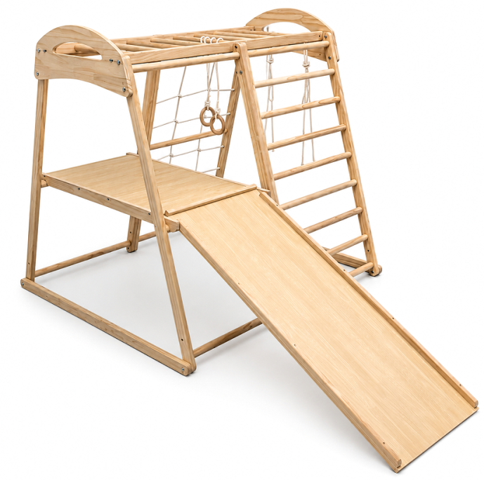 Multifunctional wooden indoor climbing frame with elevated platform slide ramp and swing seat
