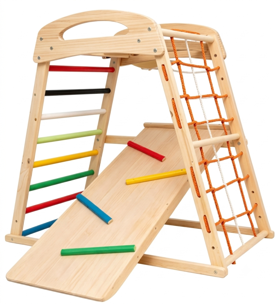 Multifunctional wooden indoor climbing frame with rainbow ladder rungs orange rope net and reversible slide ramp