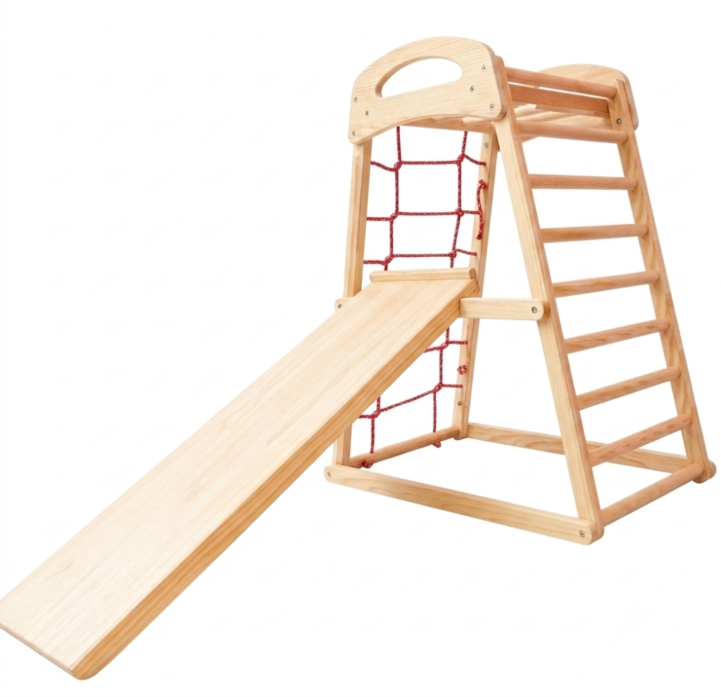 Multifunctional wooden indoor playground gym set with reversible slide ramp ladder and rope climbing net