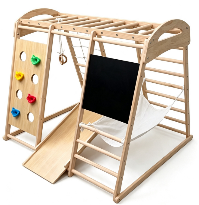 Multifunctional wooden indoor playground set with chalkboard slide ramp rock climbing wall and hammock