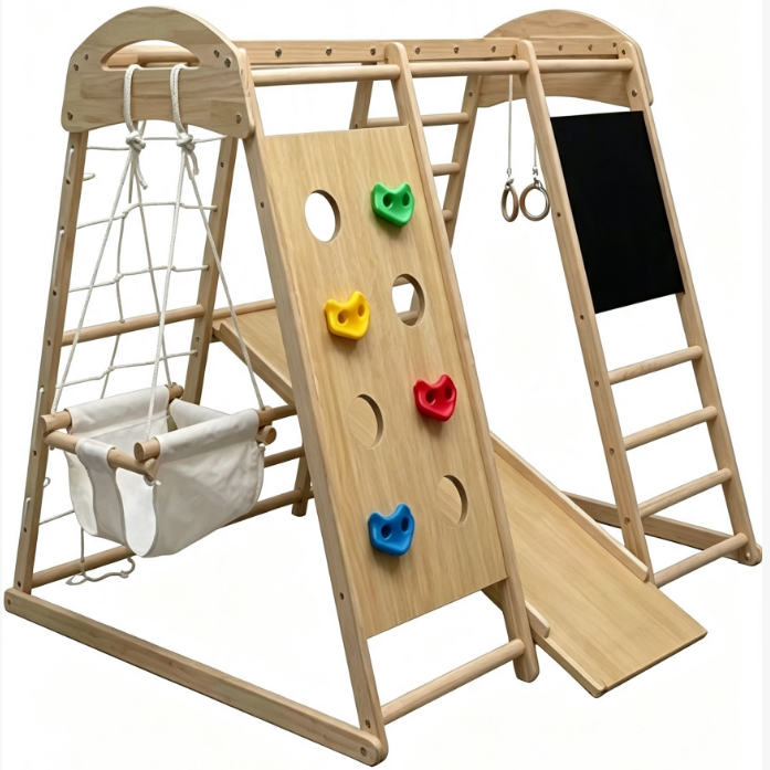Multifunctional wooden indoor playground set with chalkboard slide ramp rock climbing wall and hammock