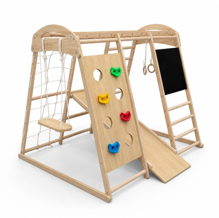 Multifunctional wooden indoor climbing frame playground with wooden swing seat slide ramp rock climbing wall and chalkboard
