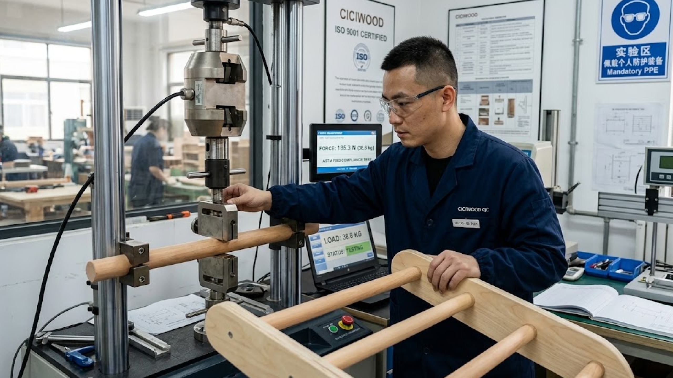 In-house ASTM F963 structural load testing on solid beech rungs to ensure dynamic weight capacity for USA exports.