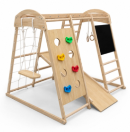 Wooden Indoor Climbing Frame Playground with Wooden Swing Seat, Slide Ramp, Rock Wall & Chalkboard