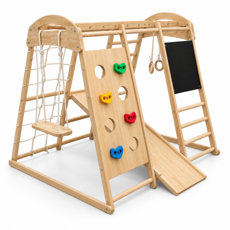 Wooden Indoor Climbing Frame Playground with Wooden Swing Seat, Slide Ramp, Rock Wall & Chalkboard