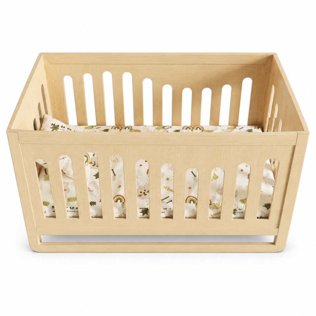 Natural Wood Convertible Baby Crib with Breathable Slatted Panels
