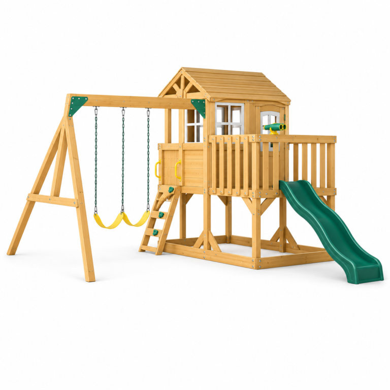 Multi-Activity Wooden Playground Set with Green Slide