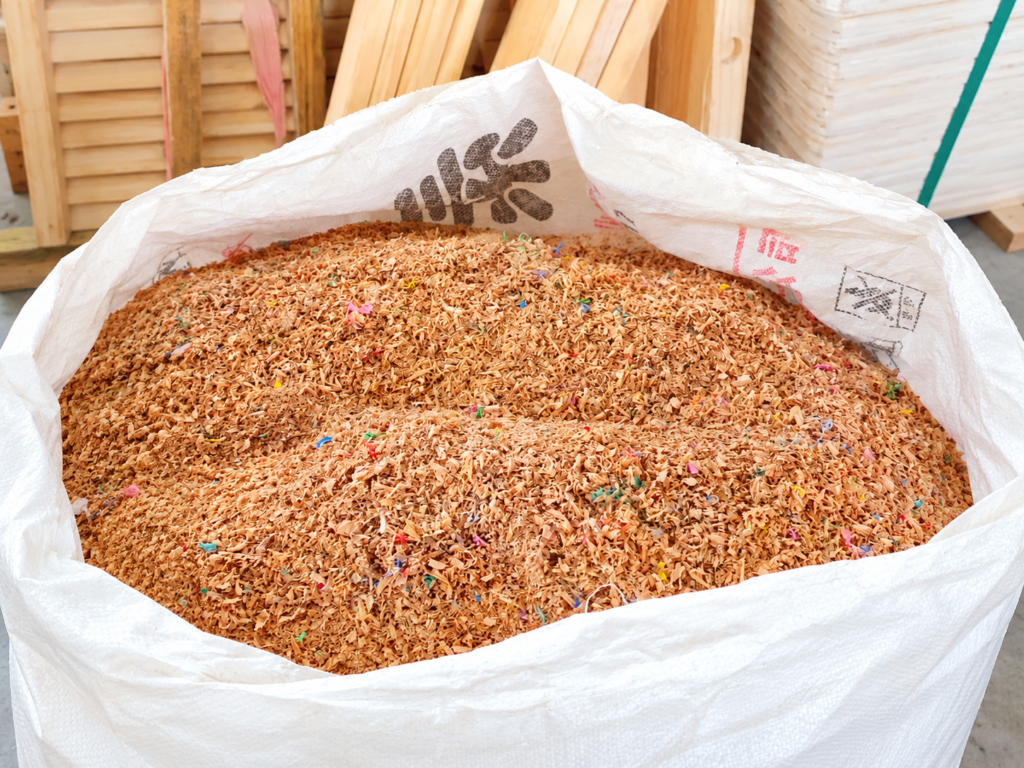 A white woven bag full of sawdust.