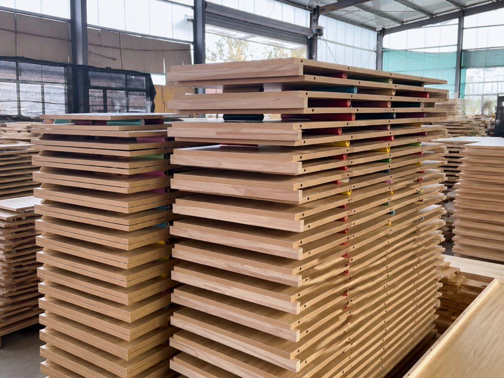 Bulk order of premium wooden play equipment ready for shipment.